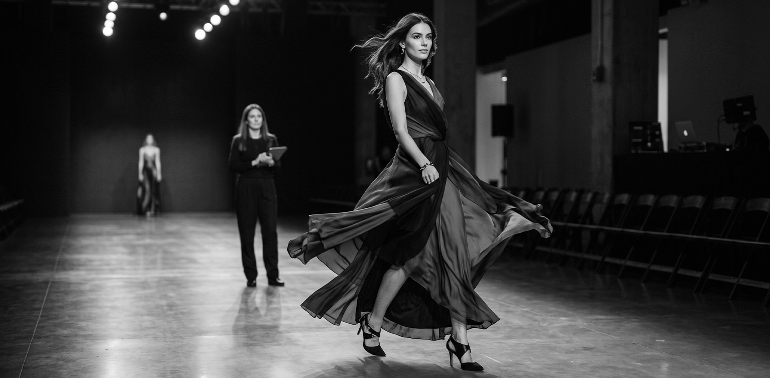 model walking on a runway while a movement director giving direction from behind