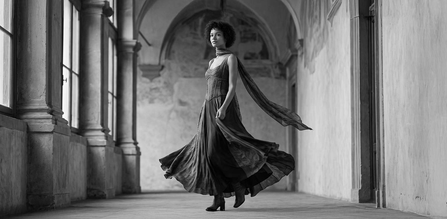 a model twirling wearing a vintage dress in a vintage background