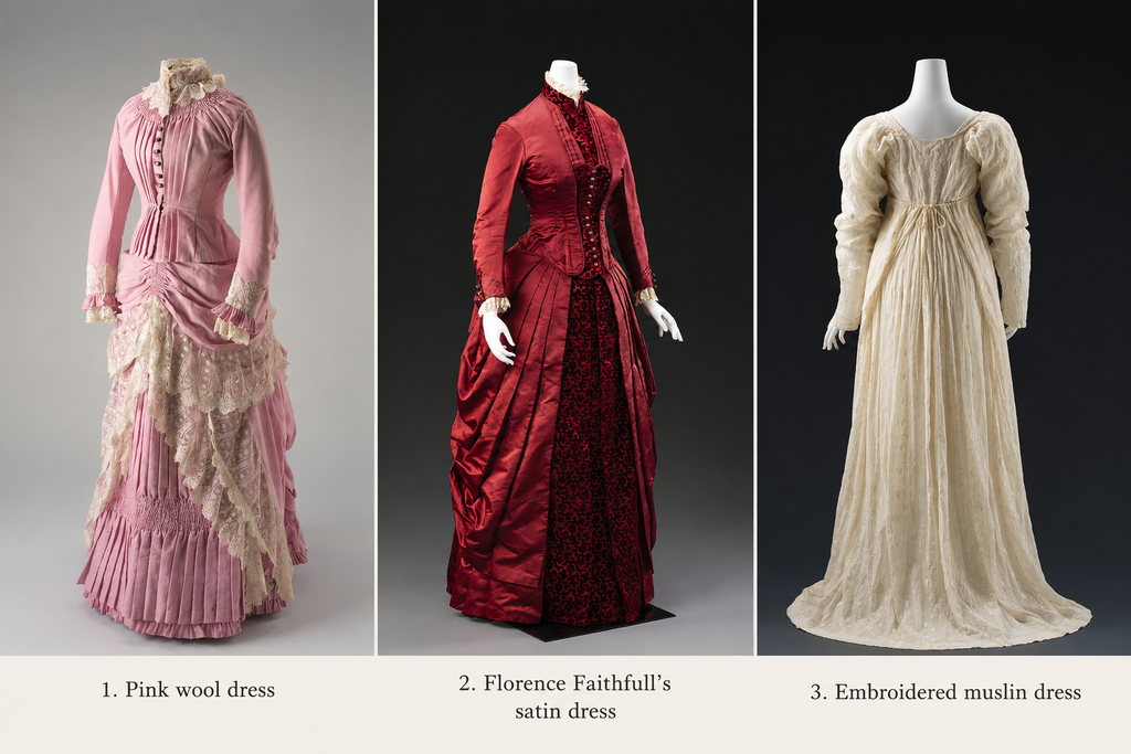 Three vintage dresses displayed side by side in a museum-style triptych: a pink wool dress, Florence Faithfull’s red satin dress, and an embroidered cream muslin dress, each shown on a mannequin